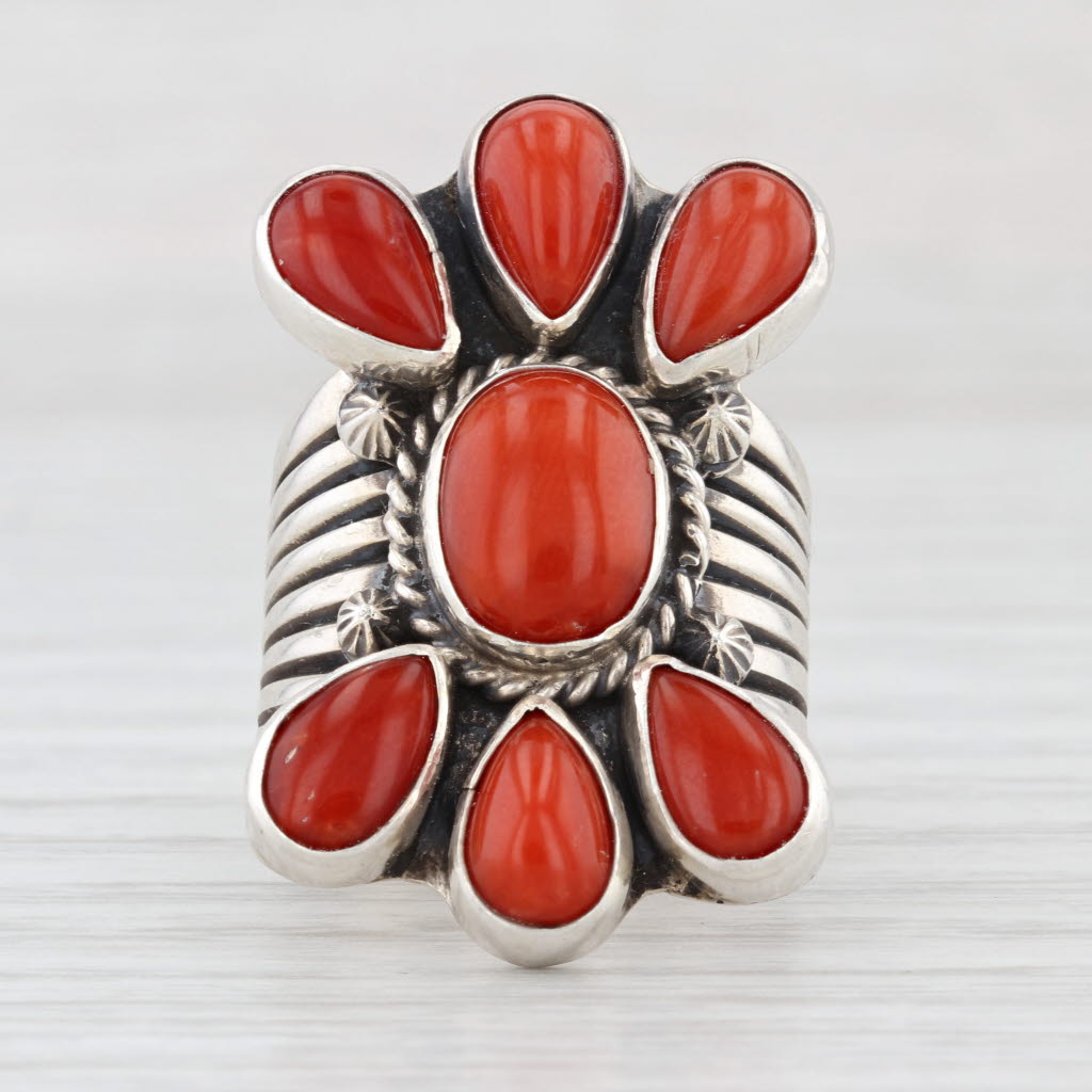 Vintage Native American Coral Ring Sterling Silver Derrick Gordon Navajo Sz 6.75