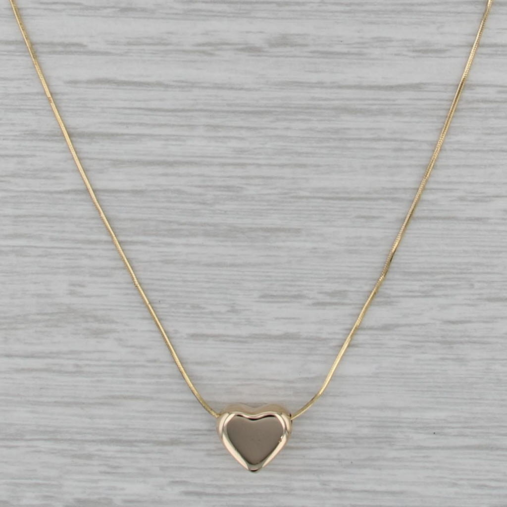 Puffy Heart Slide Pendant Necklace 14k Yellow Gold 17" Snake Chain