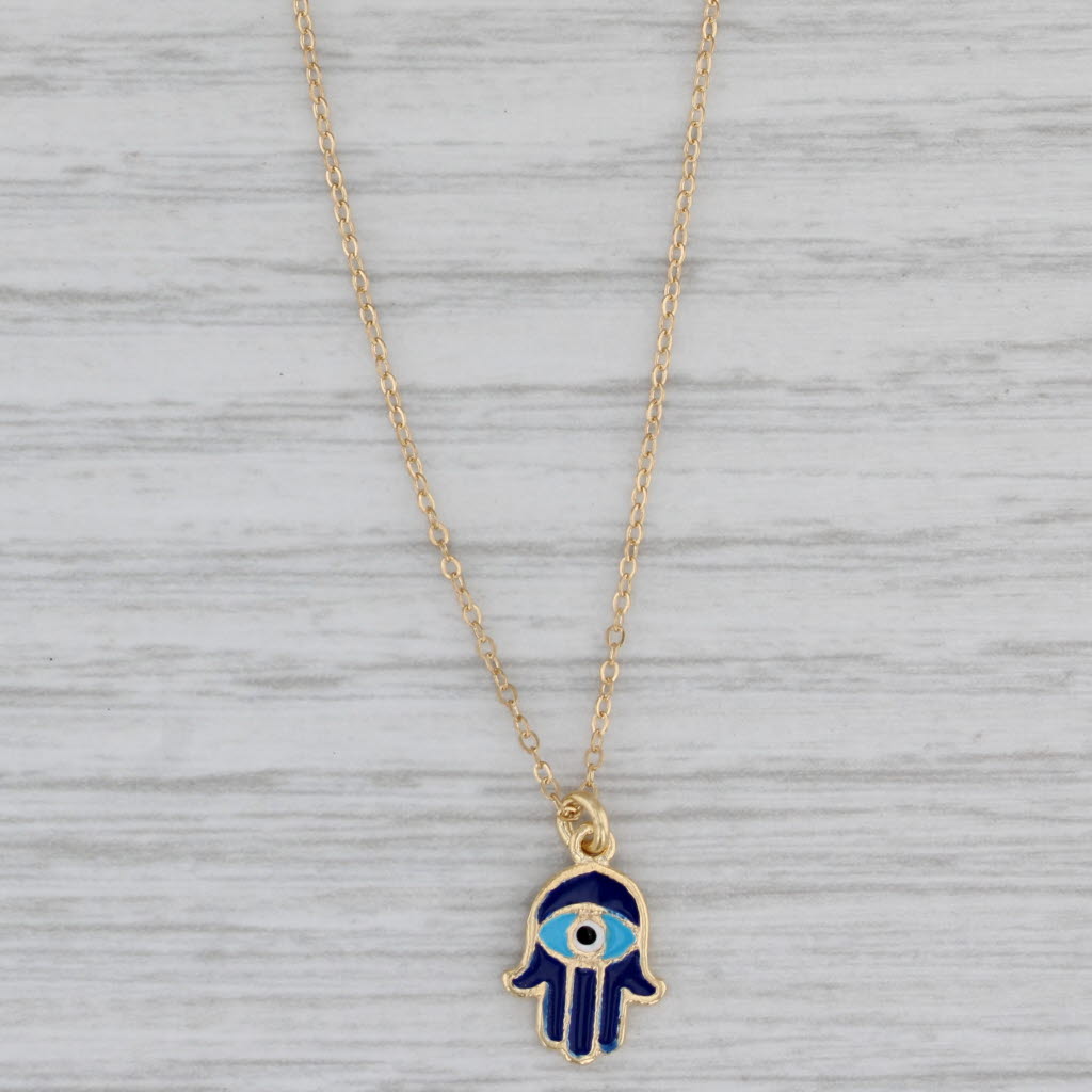 Gray New Blue Enamel Hamsa Hand Pendant Necklace 14k Gold 18" Cable Chain Necklace