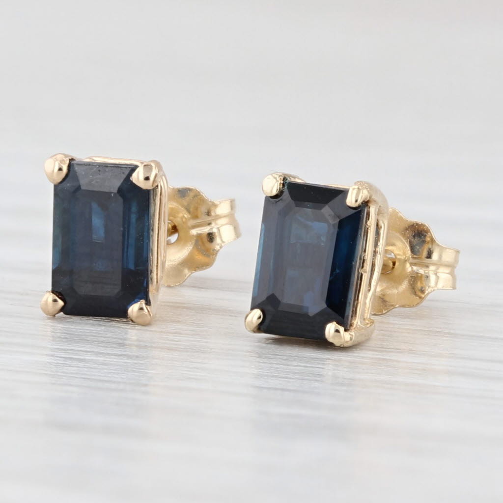 Light Gray 1.80ctw Blue Sapphire Stud Earrings 14k Yellow Gold Emerald Cut Solitaires