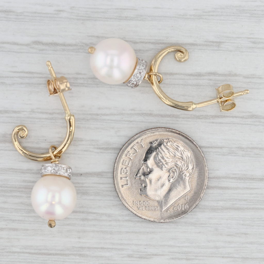 Light Gray Cultured Pearl Diamond Dangle Charms Hoop Earrings 14k Yellow Gold Convertible