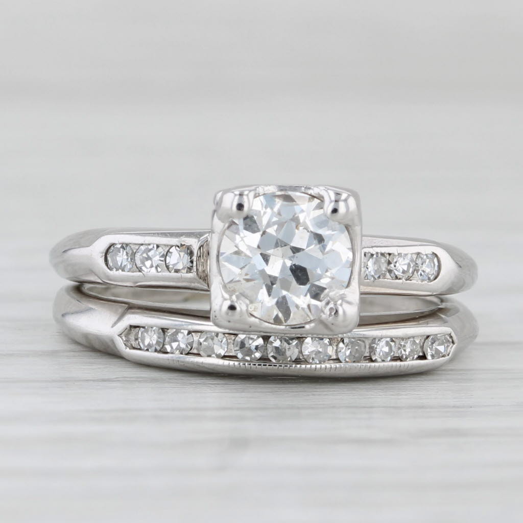 Light Gray Vintage 0.82ctw Diamond Engagement Ring Wedding Band Bridal Set 14k White Gold