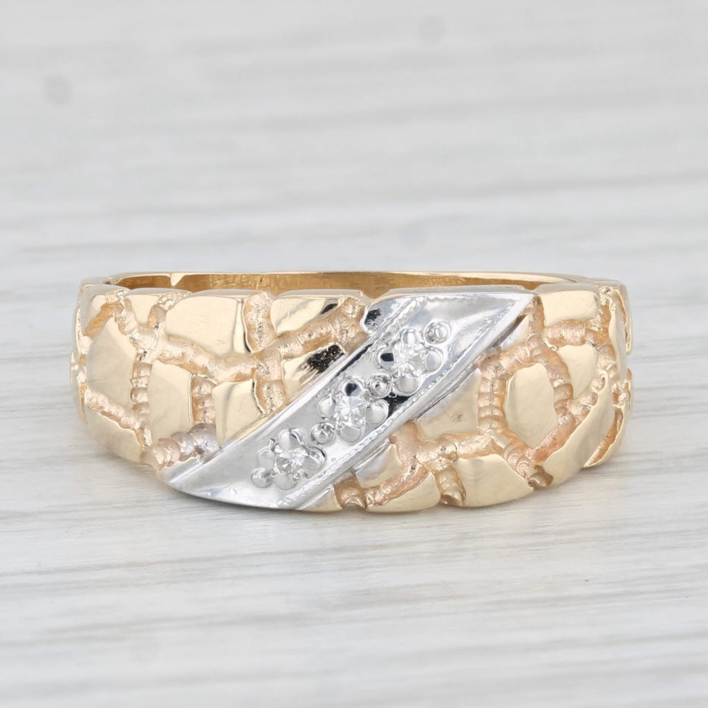 Light Gray Diamond Accented Gold Nugget Ring 14k Gold Size 7.5 Wedding Band