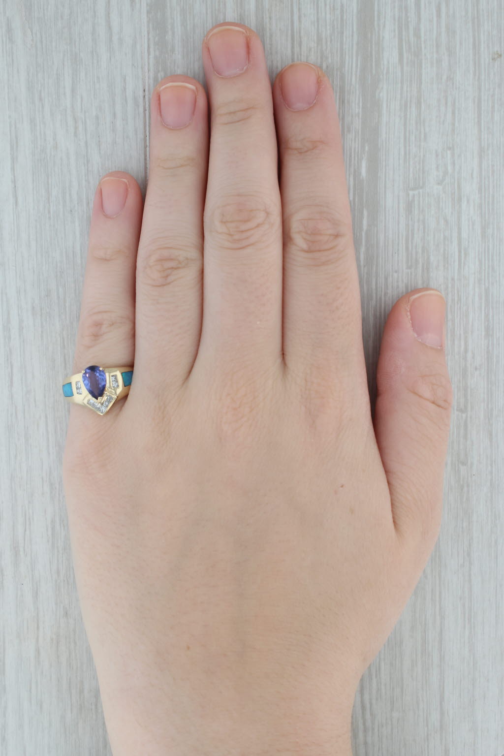 Dark Gray 1.29ctw Tanzanite Diamond Opal Inlay Ring 14k Yellow Gold Size 7-7.25