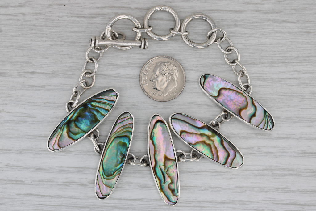 Gray Abalone Shell Bracelet Sterling Silver Statement 7.25" - 6"