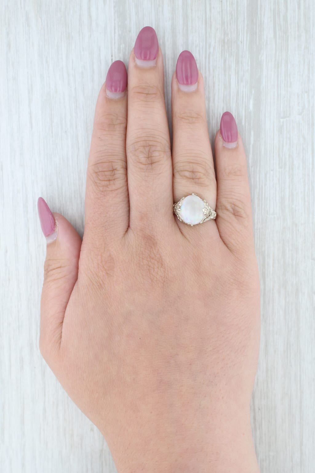Light Gray Vintage Oval Cabochon Opal Solitaire Filigree Ring 14k White Gold Size 7.25