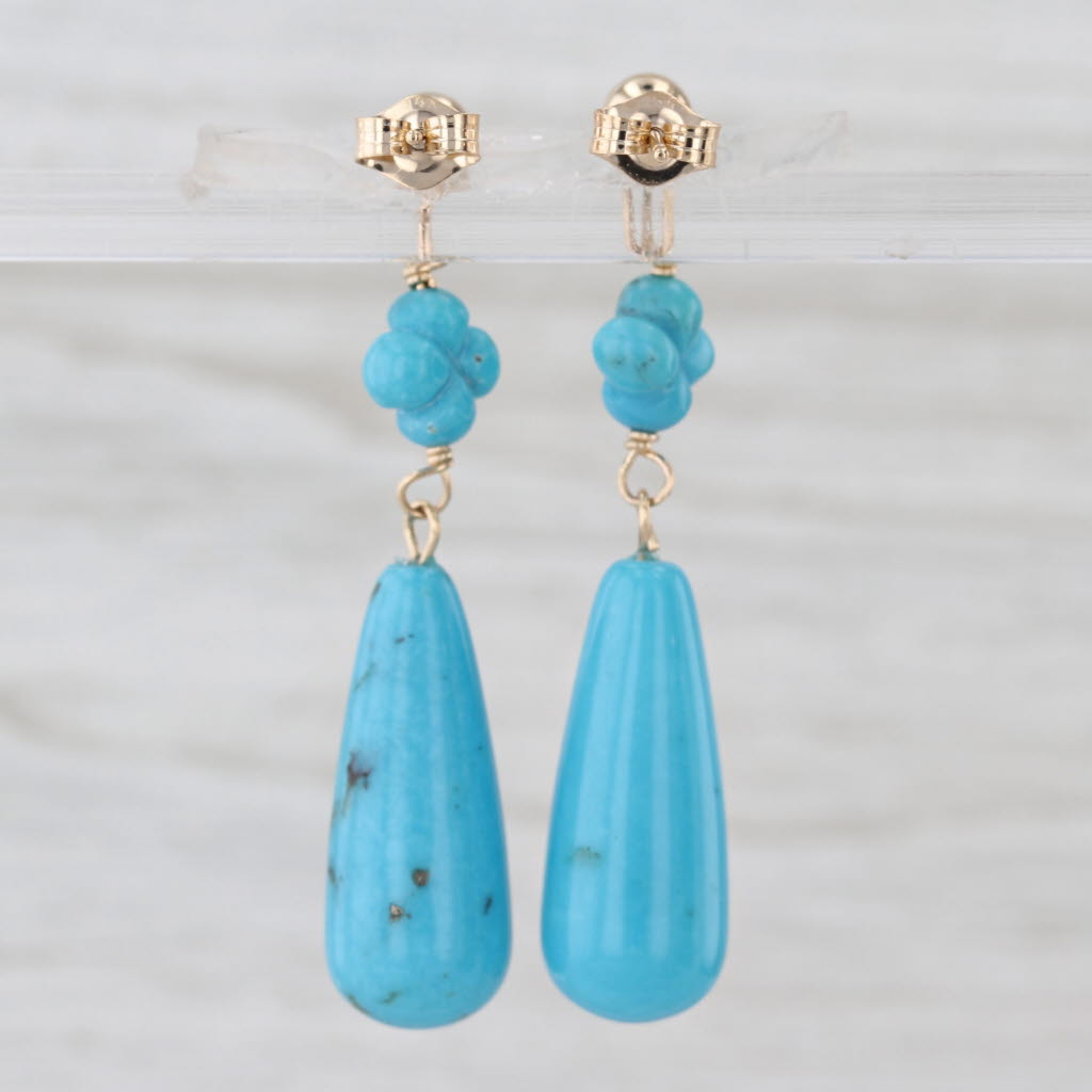 Turquoise Teardrop Flower Dangle Earrings 14k Yellow Gold Drops