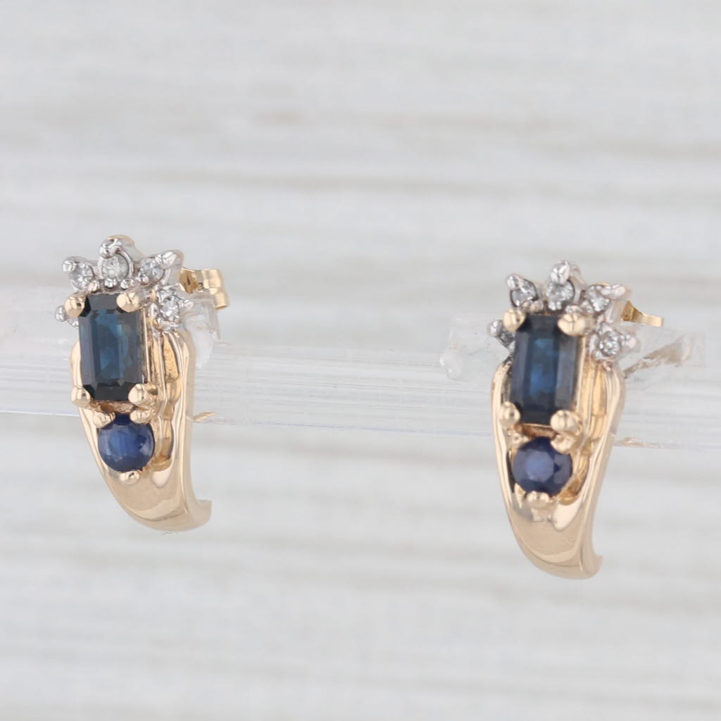 Light Gray 1.05ctw Blue Sapphire Diamond J-Hook Earrings 14k Yellow Gold Small Stud Drops