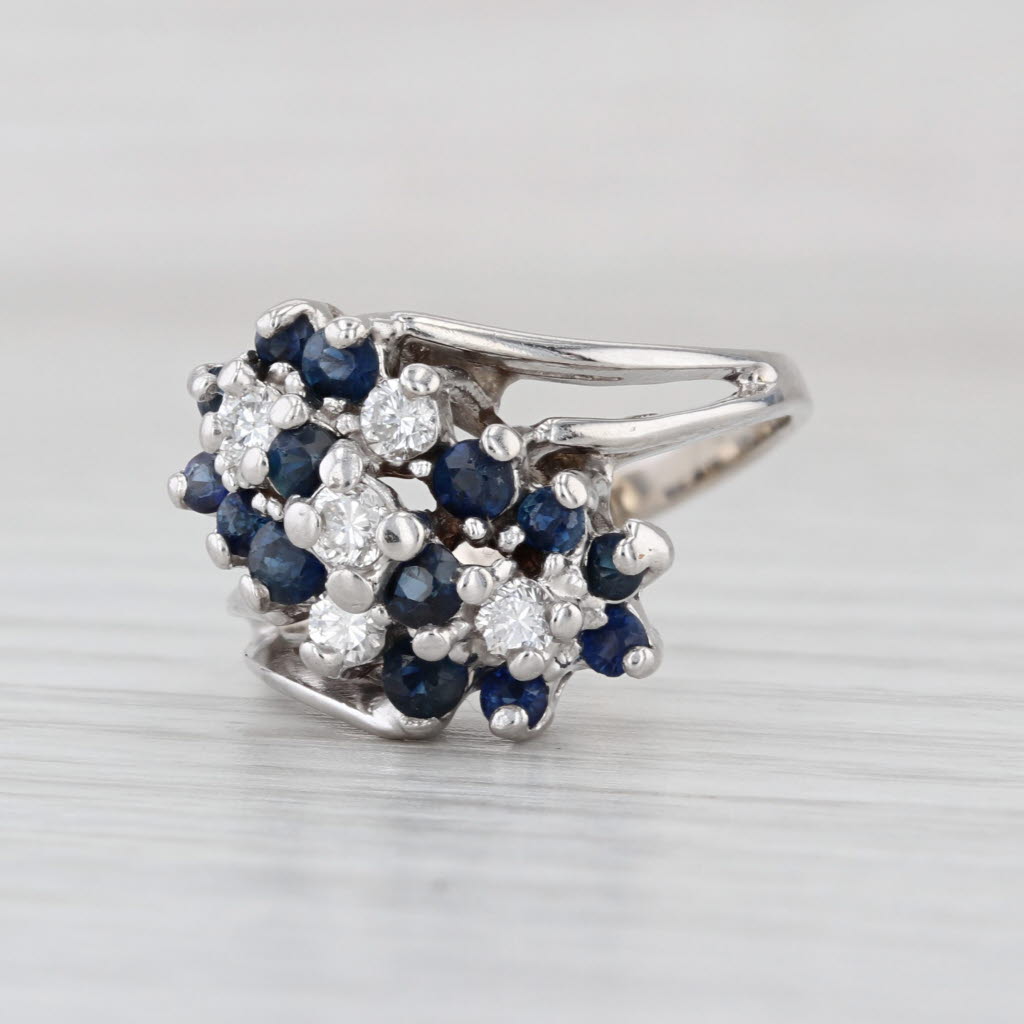 0.89ctw Blue Sapphire Diamond Flower Cluster Bypass Ring 14k White Gold Size 6