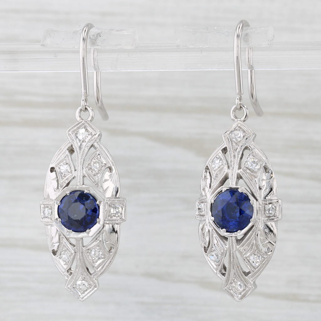 Light Gray Vintage 2.59ctw Blue Lab Created Sapphire Diamond Dangle Earrings 18k White Gold