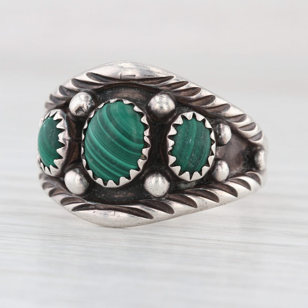 Vintage Green Malachite Ring Sterling Silver Size 10.25 Native American Signed