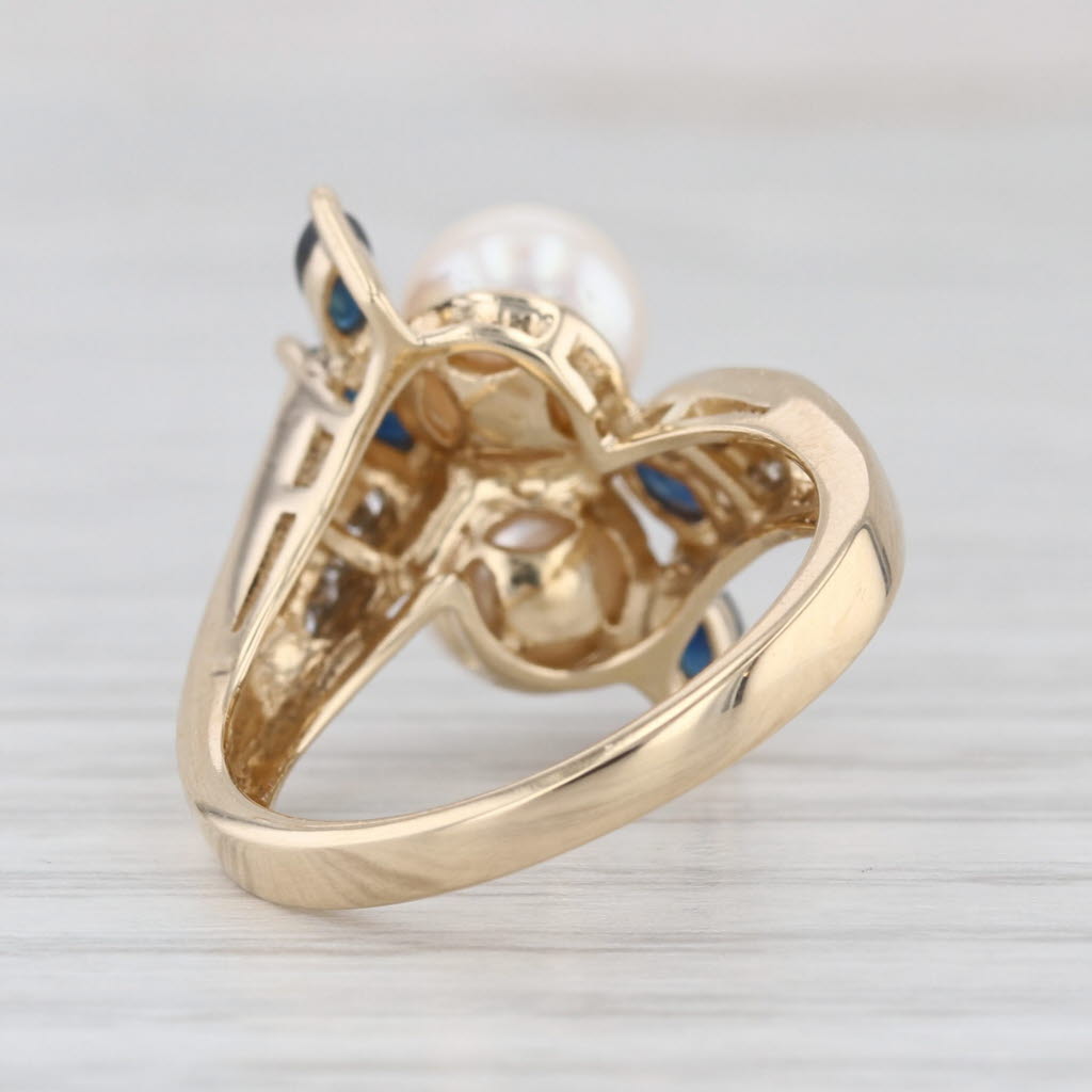 Culutred Pearl Sapphire Diamond Bypass Ring 14k Yellow Gold Size 6 Cocktail