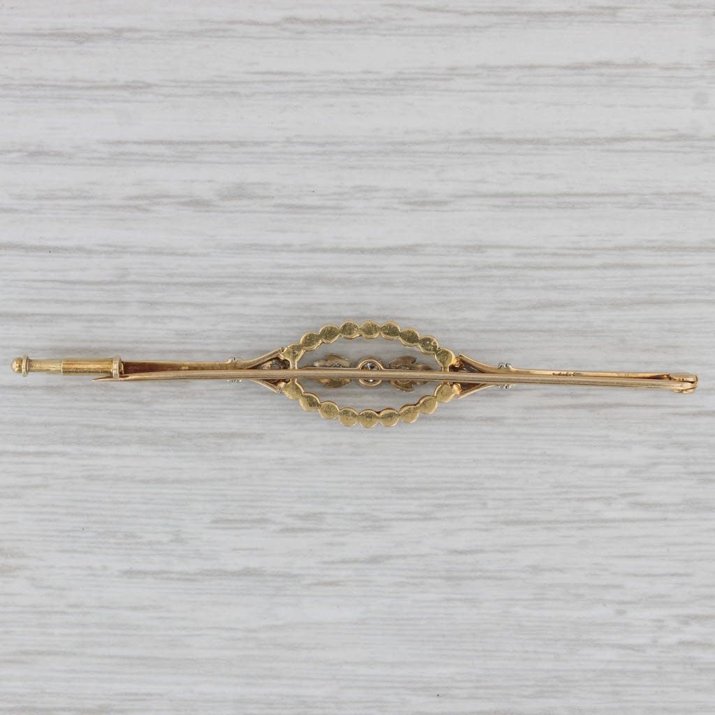 Gray Vintage Pearl Diamond Bar Pin 14k Yellow Gold Brooch