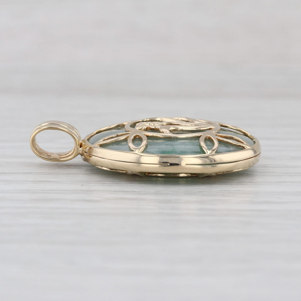 Green Jadeite Jade Cabochon Floral Framed Reversible Pendant 14k Yellow Gold