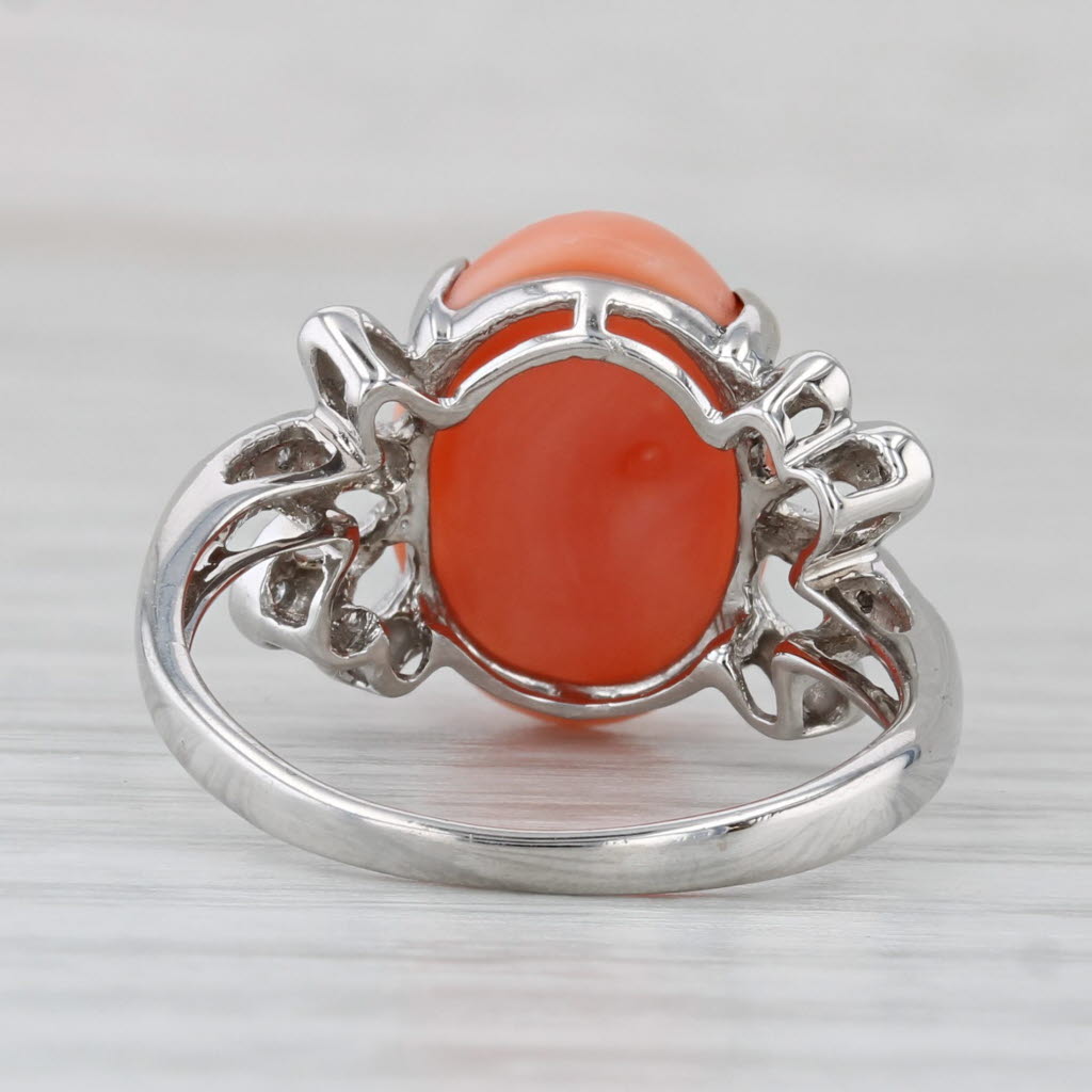 Light Gray Coral Oval Cabochon Diamond Ring 14k White Gold Size 7