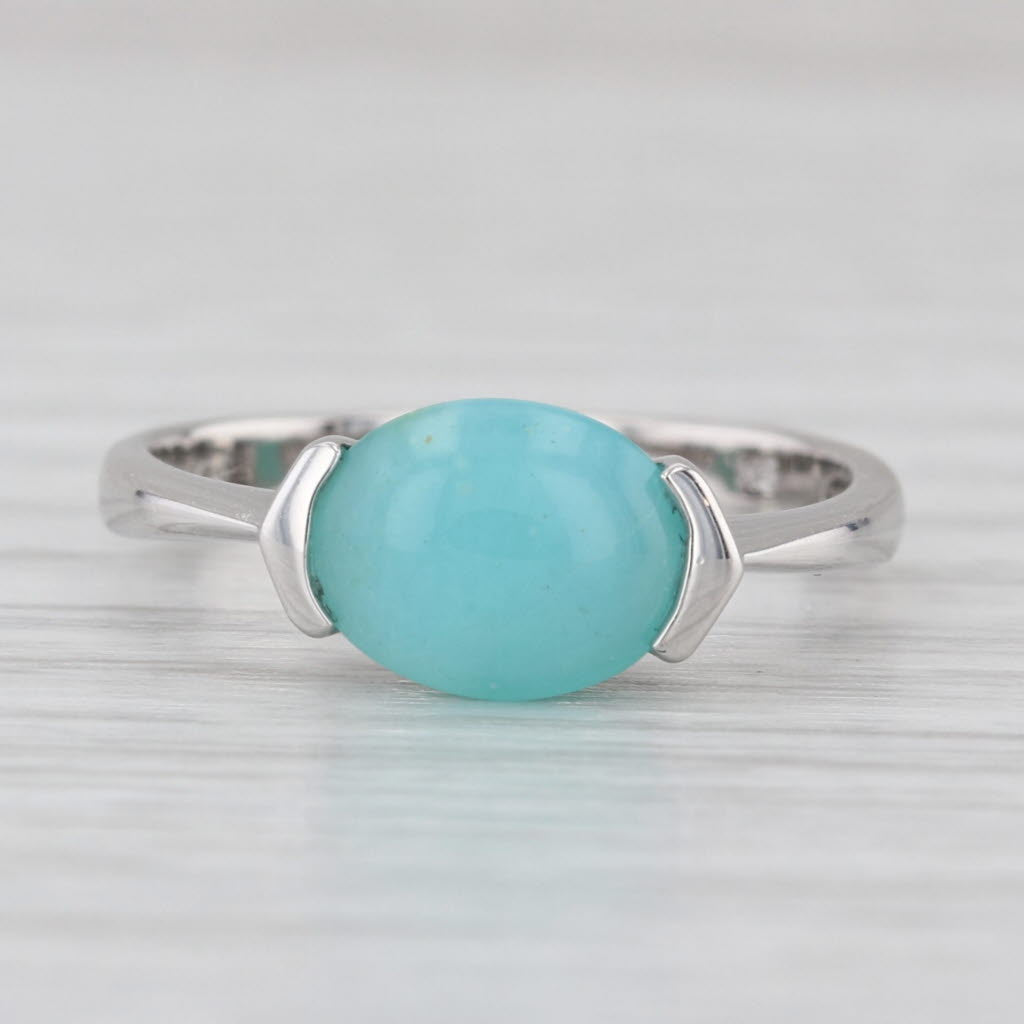 Teal Common Opal Oval Cabochon Solitaire Ring 14k White Gold Size 7