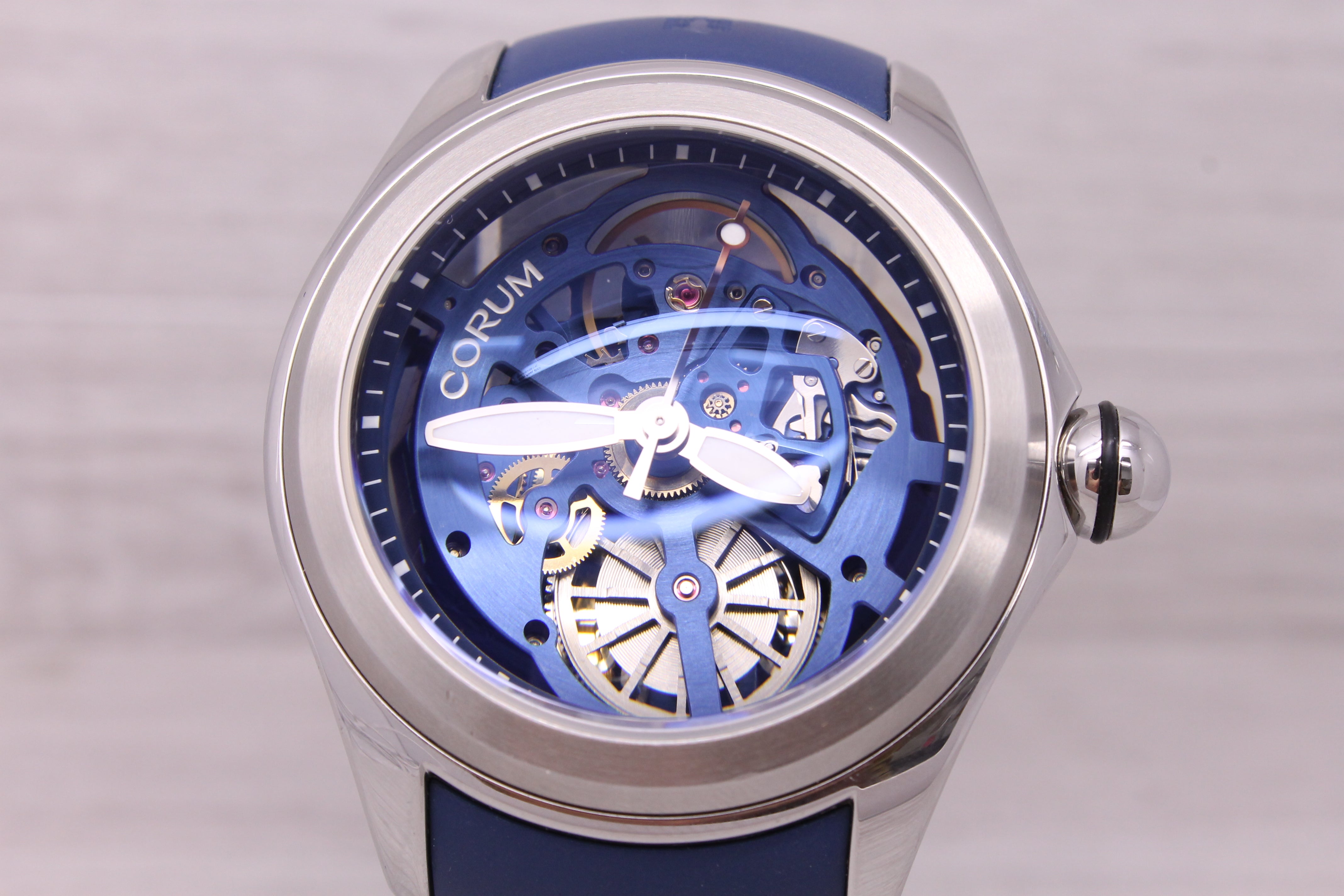 Gray Corum Bubble Blue Skeleton Mens 47mm Steel Automatic Watch w/ Box Papers 08.0006
