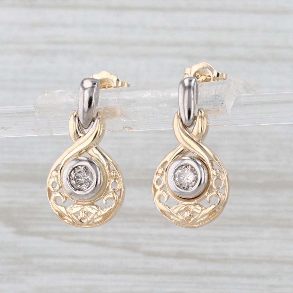 0.30ctw Diamond Solitaire Drop Earrings 14k White Yellow Gold Ornate