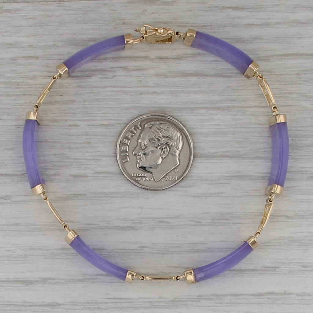 Lavender Jadeite Jade Link Bracelet 14k Yellow Gold 6.75" Chinese Calligraphy