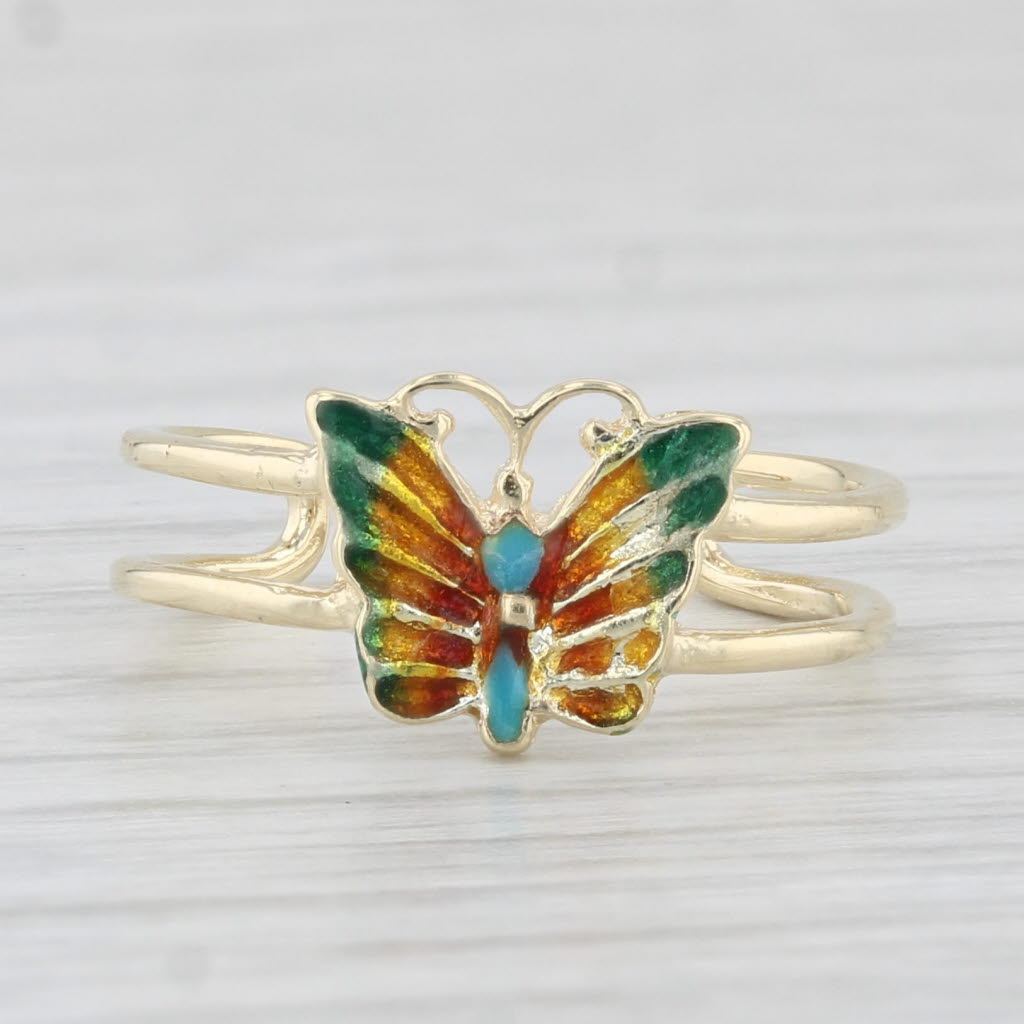 Light Gray Colorful Enamel Butterfly Toe Ring 14k Yellow Gold Adjustable Size