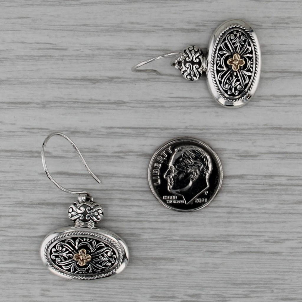 Arts Elegance Ornate Floral Dangle Earrings Sterling Silver 14k Gold Hook Posts