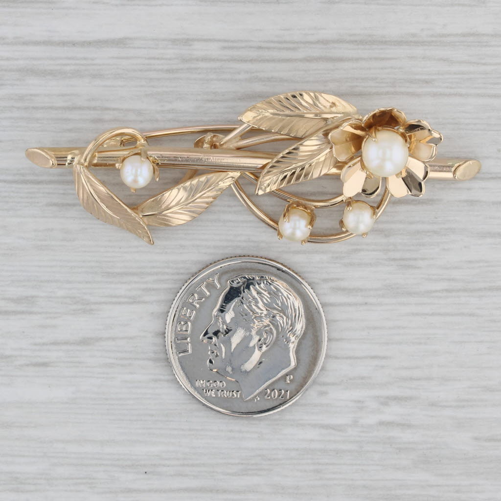 Gray Vintage Cultured Pearl Flower Brooch 14k Yellow Gold Floral Pin