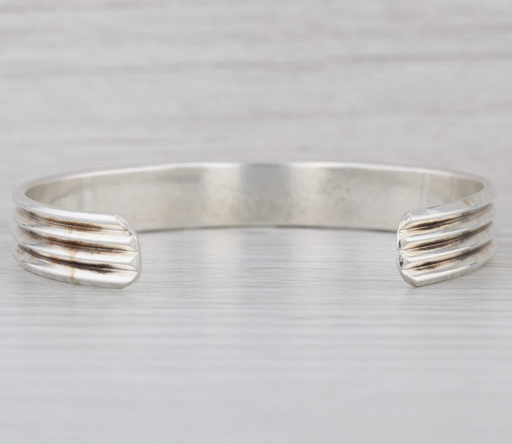 Vintage Beveled Ridged Cuff Bracelet Sterling Silver 7.25" 10.2mm