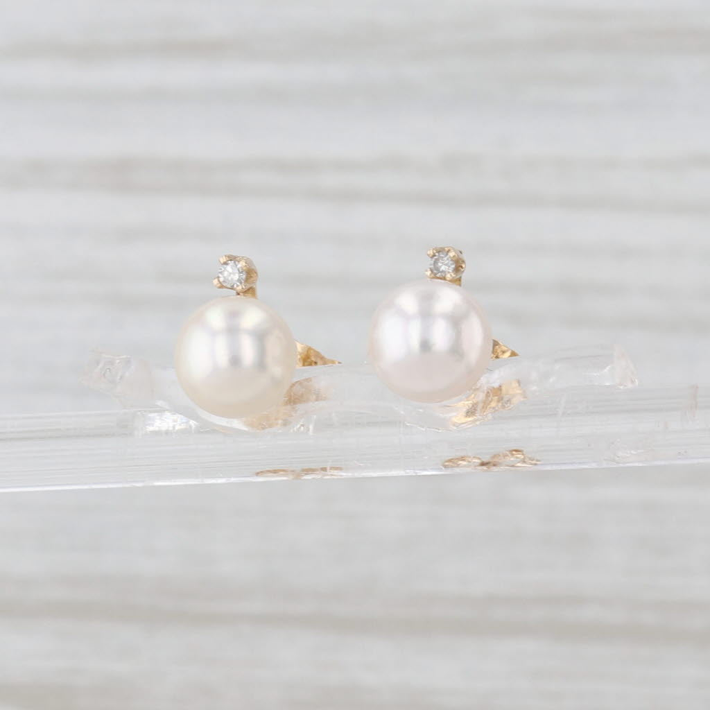 6.2mm Cultured Pearl Diamond Stud Earrings 14k Yellow Gold Small Studs