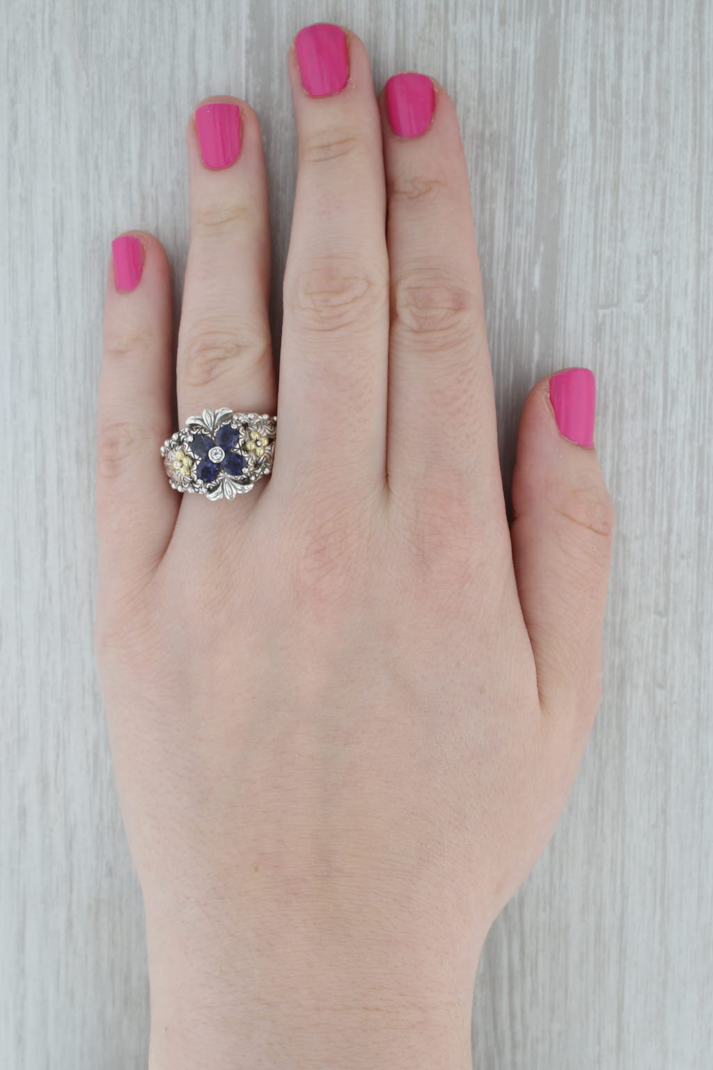 Dark Gray Bixby 1.17ctw Iolite Topaz Flower Ring Sterling Silver 18k Gold Sz 9 Statement