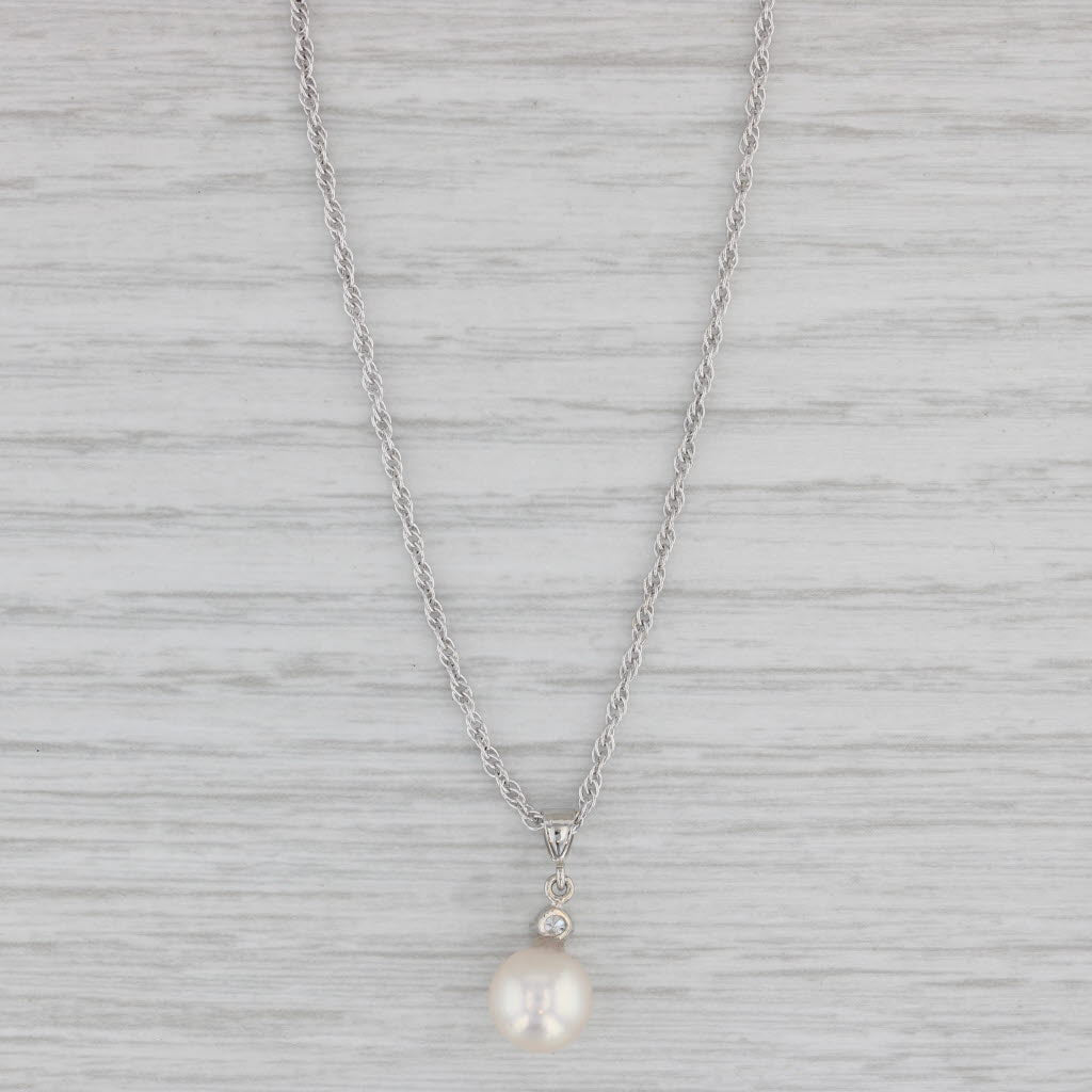 Gray Cultured Pearl Diamond Pendant Necklace 14k White Gold 15.75" Rope Chain