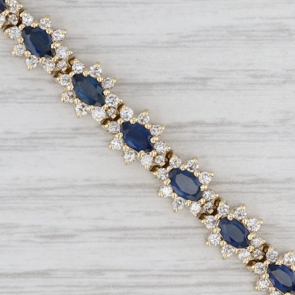 Light Gray Blue Sapphire Diamond Halo Tennis Bracelet 14k Yellow Gold 6.75" 7.6mm