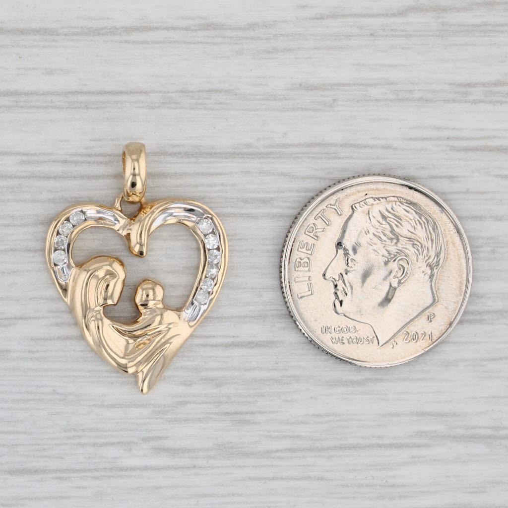 Light Gray Diamond Mother and Child Heart Pendant 10k Yellow Gold