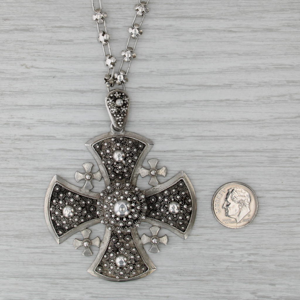Vintage Large Jerusalem Cross Pendant Necklace Sterling Silver 17"