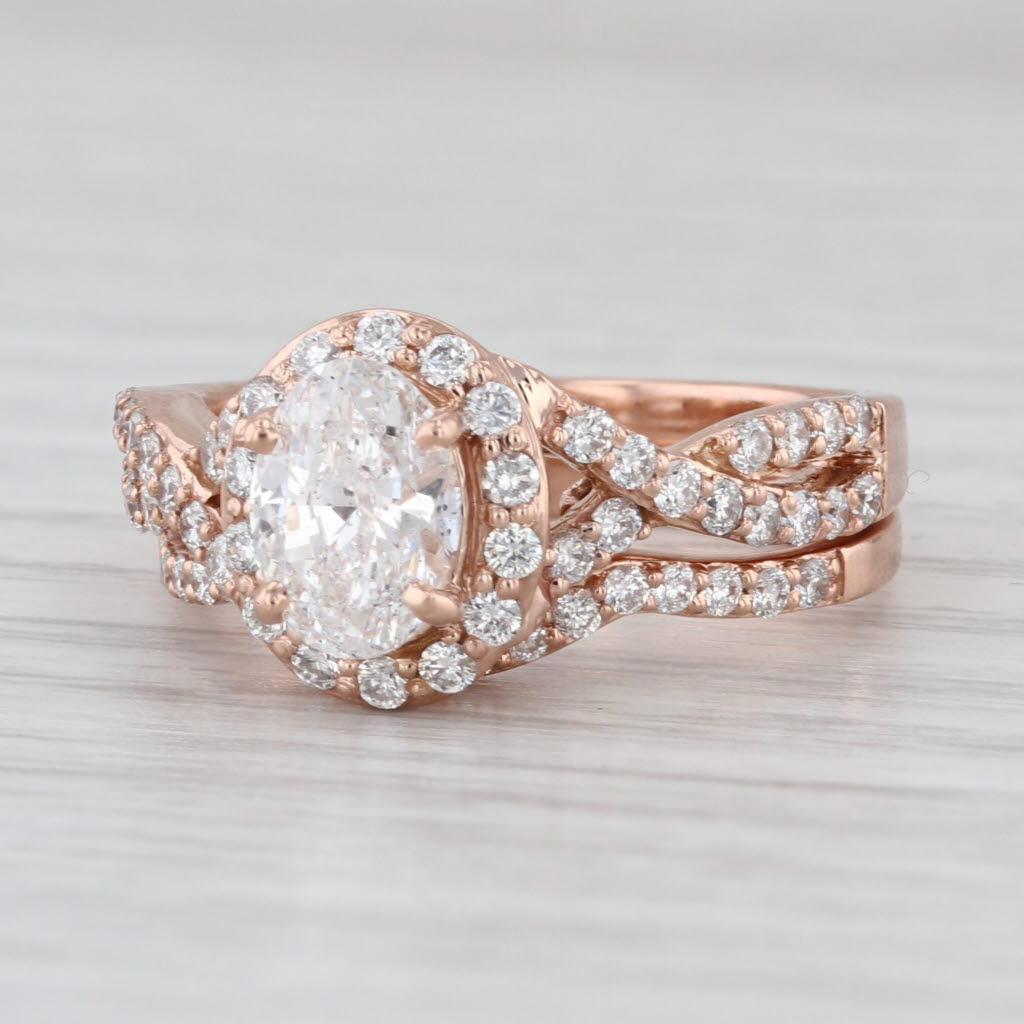 1.58ctw Oval Halo Engagement Ring Wedding Band Bridal Set 14k Rose Gold Size 7