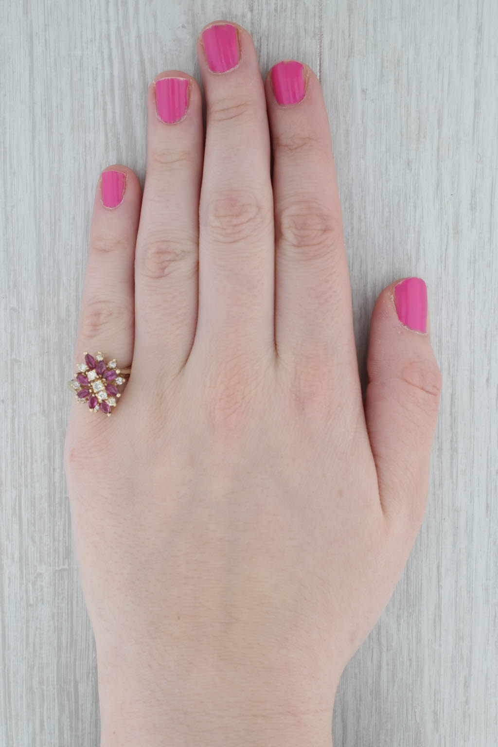 Gray 1.26ctw Ruby Diamond Flower Cluster Ring 14k Yellow Gold Size 7.25 Cocktail