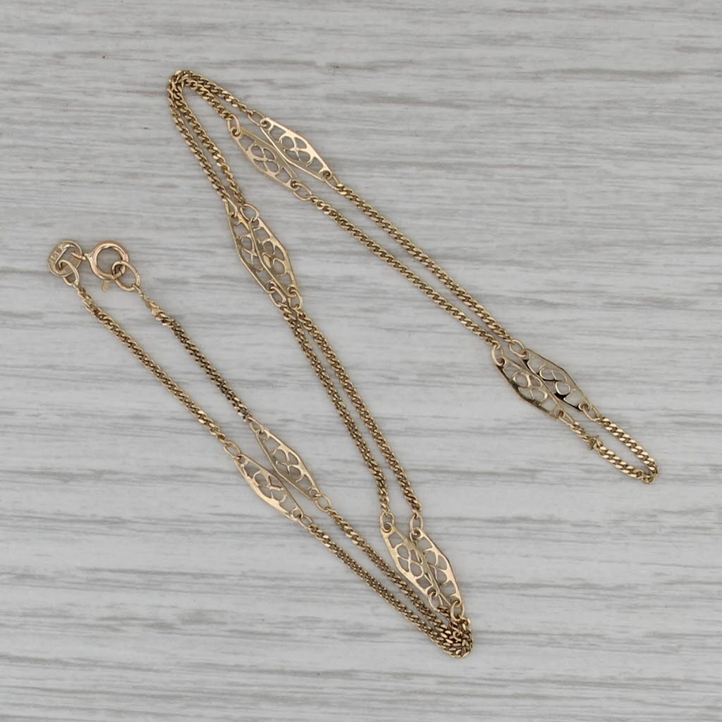 Vintage 18" Lace Station Curb Chain Necklace 14k Yellow Gold