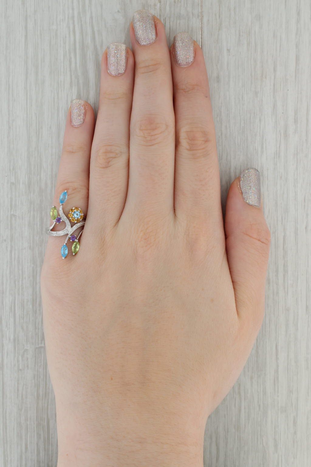 Dark Gray 1.56ctw Gemstone Ring 14k White Gold Size 7.25 Amethyst Peridot Topaz Citrine