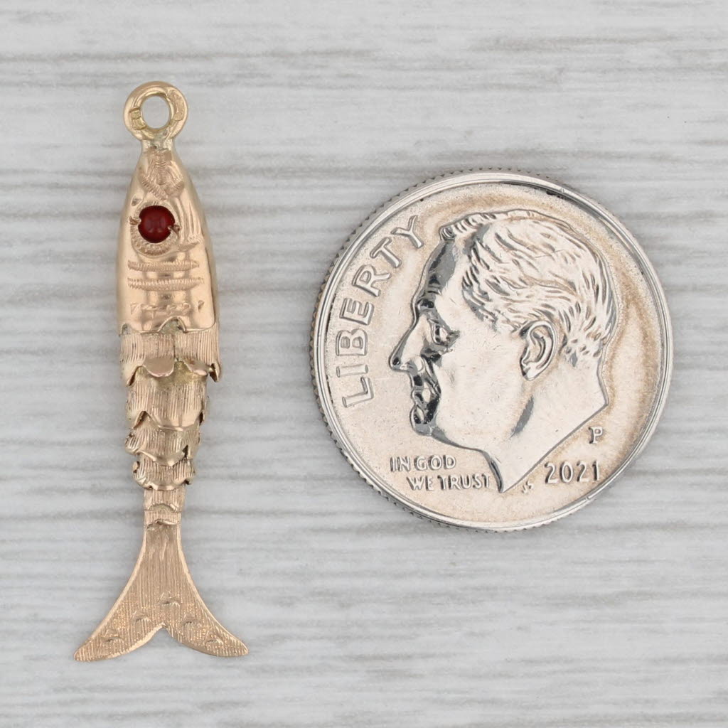 Gray Articulating Fish Charm 800 Yellow Gold Red Glass Eye Nautical Pendant