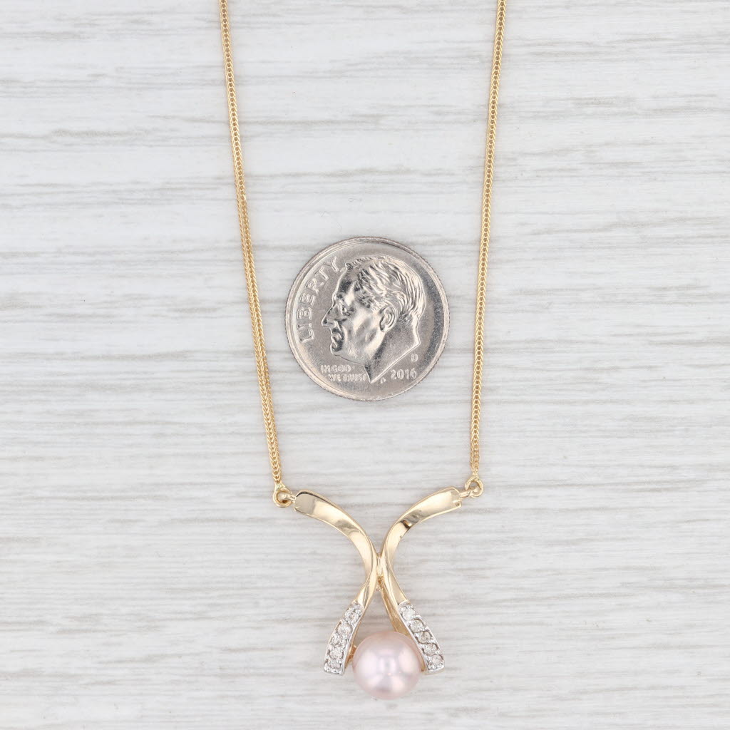 Light Gray Cultured Pearl 0.10ctw Diamond Pendant Necklace 14k Yellow 16.75" Wheat Chain