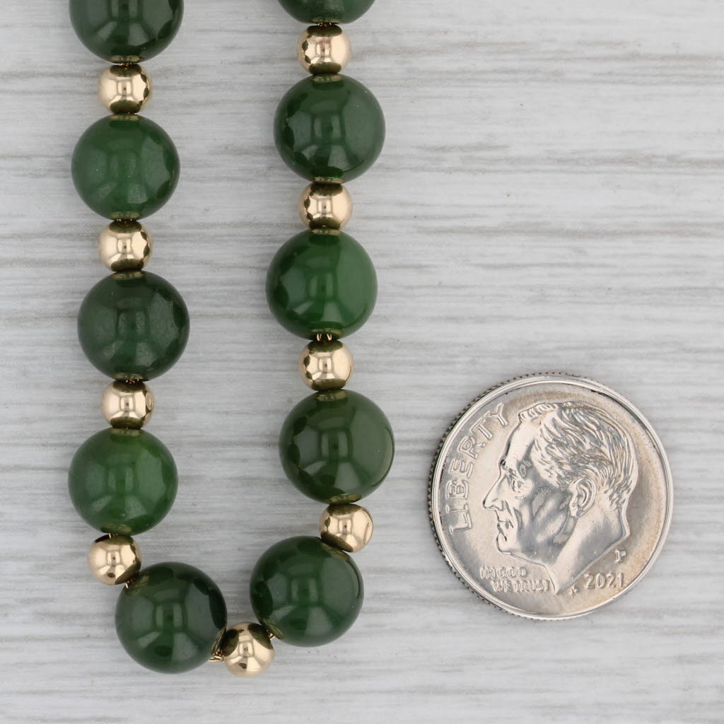Gray Green Nephrite Jade Bead Necklace 14k Yellow Gold 17.5" Rope Chain