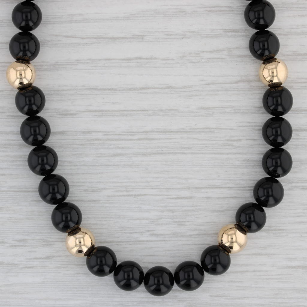 Gray Black Onyx Gold Bead Necklace 14k Yellow Gold 29" Long Strand 8mm As Is