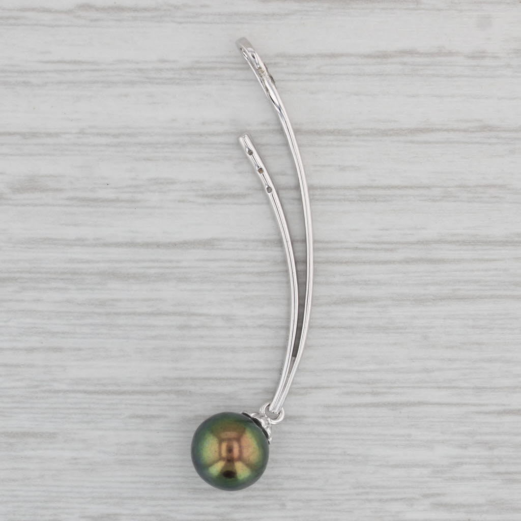 Gray Cultured Black Pearl Drop Diamond Pendant 14k White Gold