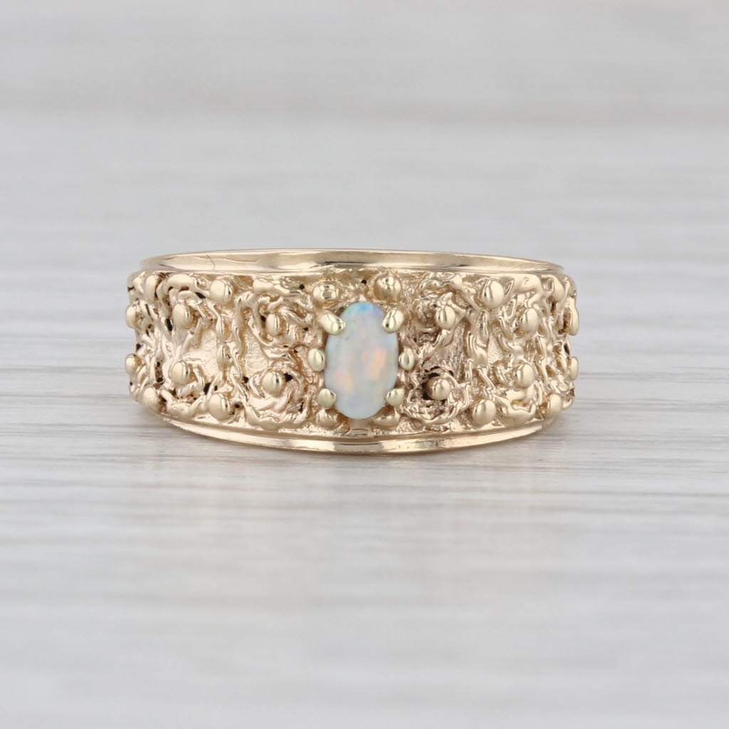 Opal Cabochon Solitaire Ornate Ring 14k Yellow Gold Size 6.5