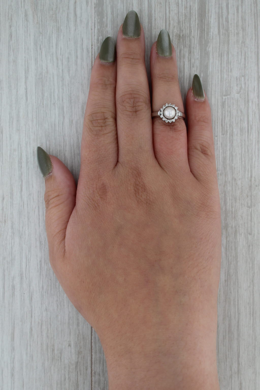 6mm Cultured Pearl Diamond Halo Ring 10k White Gold Size 5.5