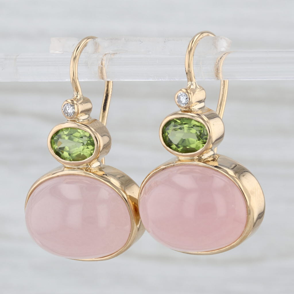 Rose Quartz Peridot Drop Earrings 18k Yellow Gold Hook Posts