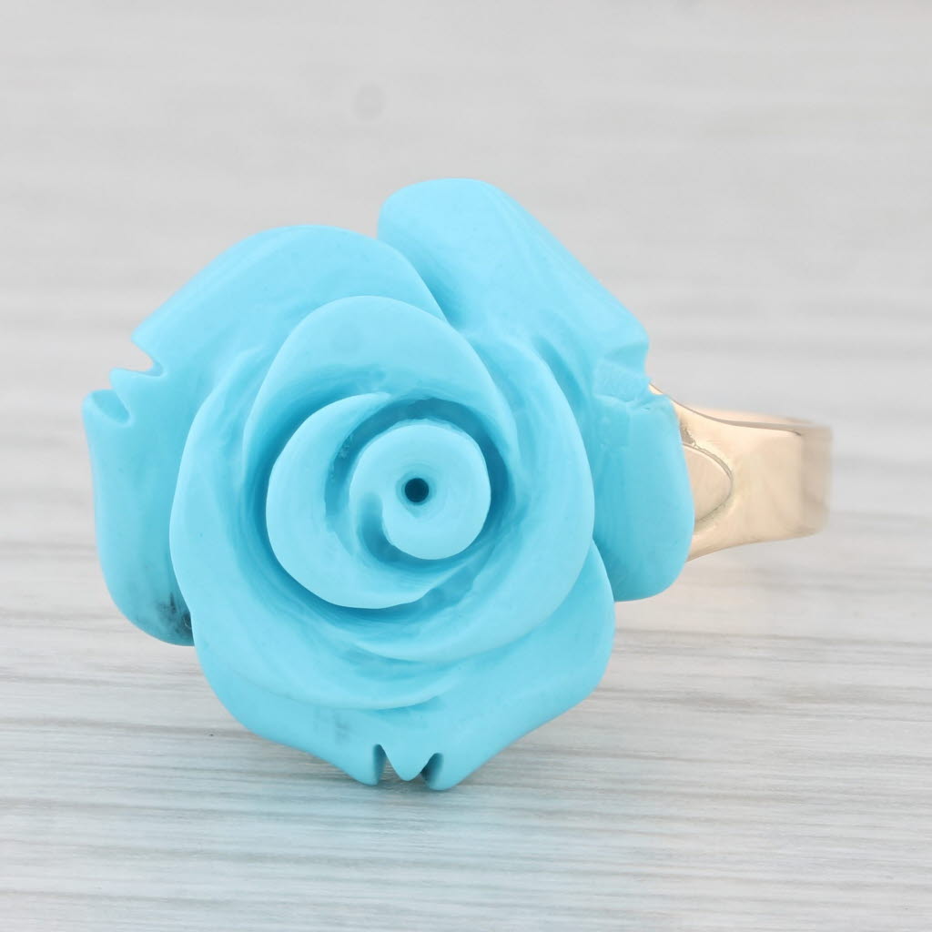 Light Gray Imitation Carved Turquoise Flower Ring 14k Yellow Gold Size 7.5 Statement