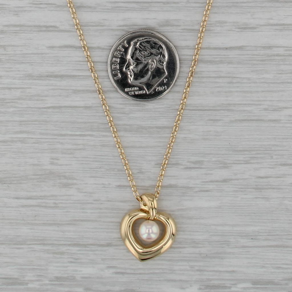 Mikimoto Cultured Pearl Heart Pendant Necklace 18k Yellow Gold 18" Cable Chain