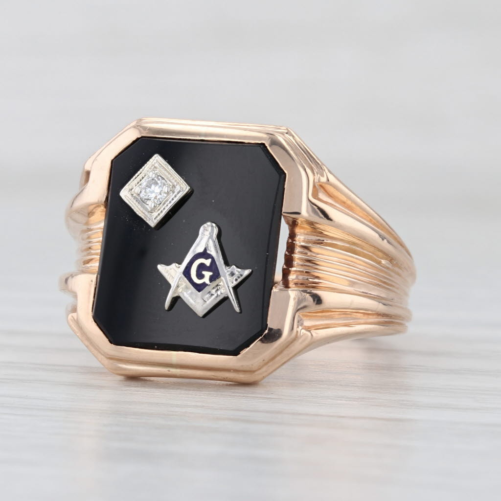 Onyx Diamond Signet Masonic Ring 14k Gold Blue Lodge Square Compass Church Co
