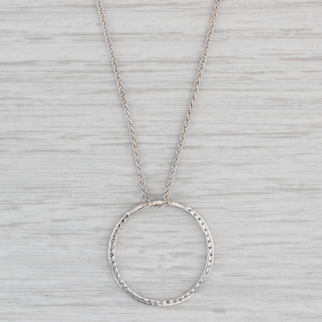 Light Gray 0.15ctw Diamond Eternity Circle Pendant Necklace 14k White Gold Wheat Chain