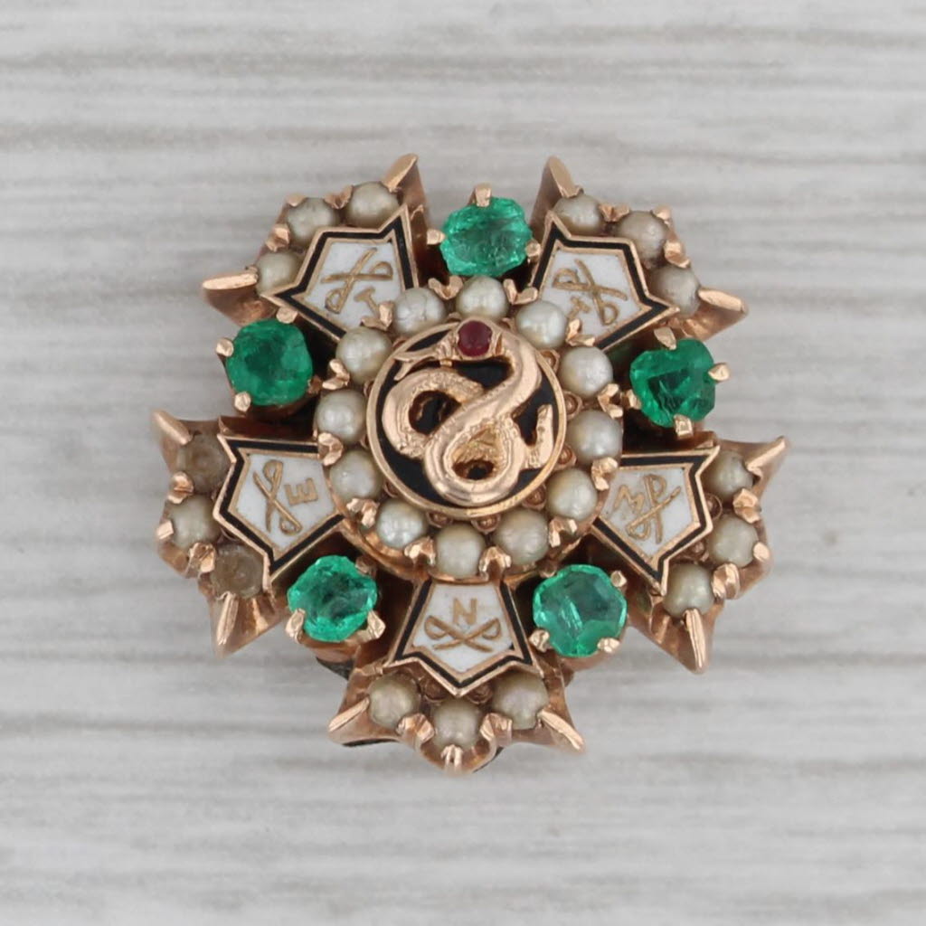 Gray Sigma Nu Snake Badge 14k Gold Pearl Emerald Antique 1900 Fraternity Pin